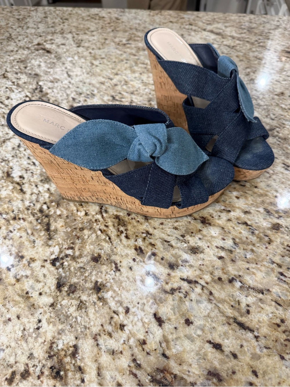 Marc Fisher Hobby Two Tone  Blue Denim Bow Cork Platform Wedge Sandals 10M